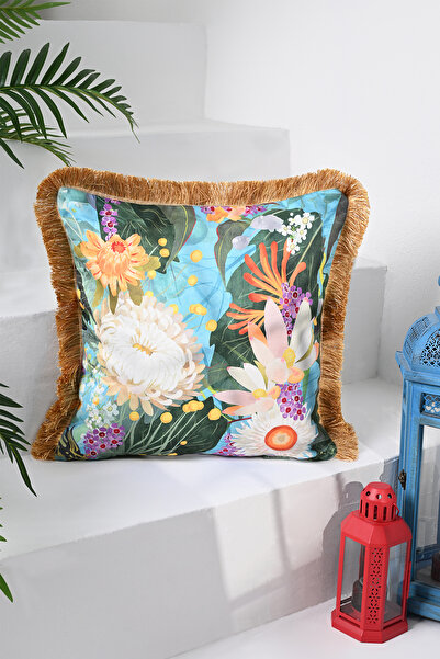 DECO Pernă moale din catifea - Motiv cu flori albastre, imprimat digital, franjuri