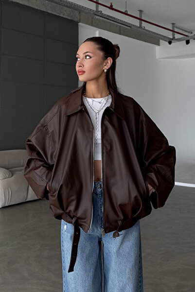 MANMARK Kadın Oversize Deri Ceket– Oversize Relax Fit, Fermuarlı Kemer Detaylı Günlük Kadın Ceket