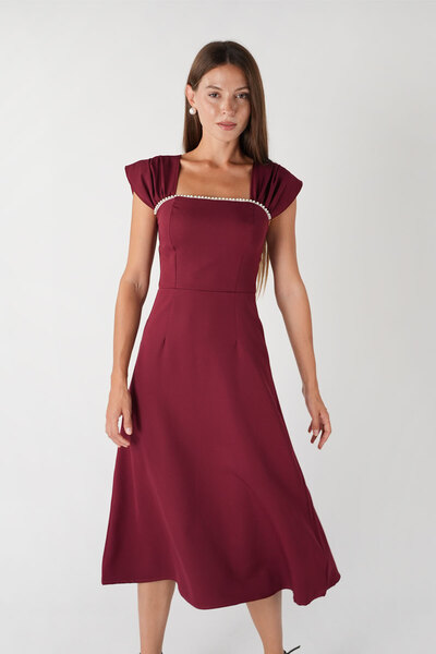 OLSAMODA ROCHIE DE MĂRĂTĂ DE MĂRĂTĂ DE MĂRĂTĂ, FĂȚĂ DE FEMEIE, CU DETAIL DE PERLE LA Gât, ȚESĂTURĂ ATLAS, LUNGIME MIDI