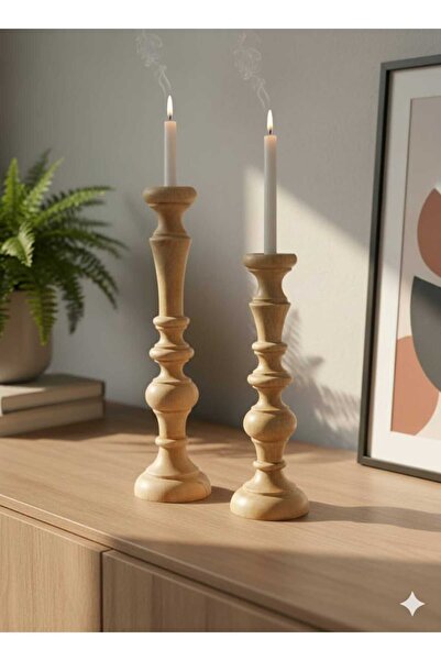 Z&Z Home boğumlu ahşap ikili şamdan set 28cm/22cm/7cm