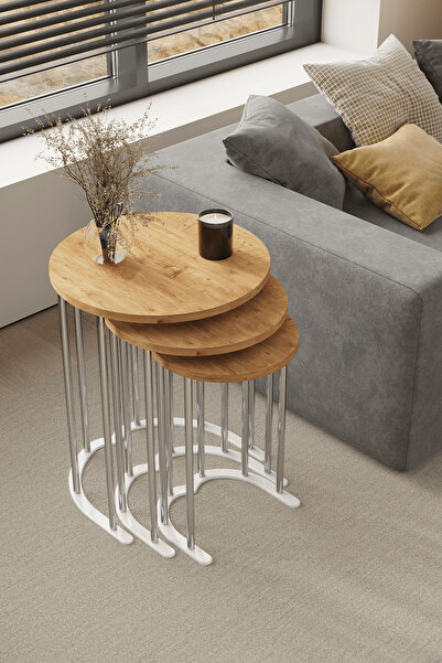 usta mekan Tokyo Gümüş Atlantik Çam Mdf 3 lü Yuvarlak C Zigon Sehpa