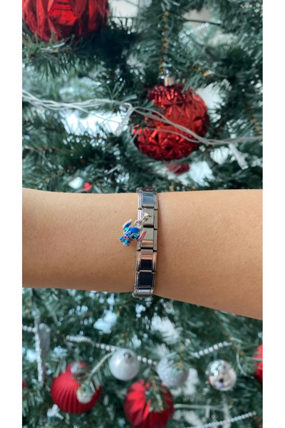 kubotique Çelik Italyan Charm Bileklik Ve Tekli Stitch Gümüş Ayarlanabilir Italyan Charm Çelik Bileklik 19cm