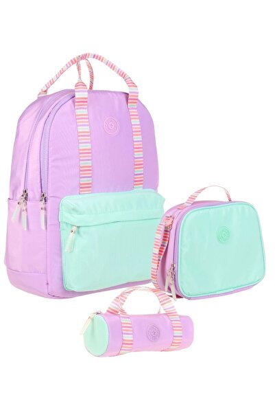 KAUKKO Set ghiozdan triplu pentru fete cu dungi duble pentru școala primară - liliac - culoare dublă