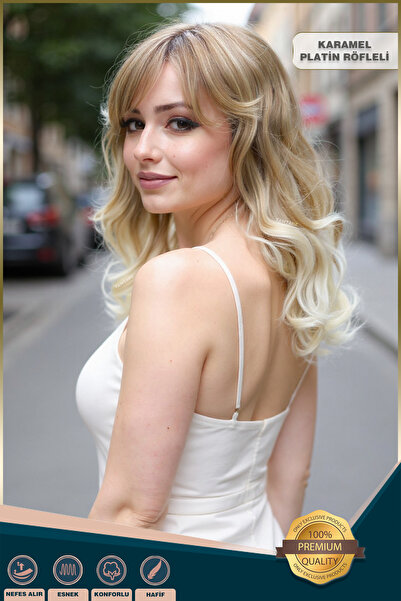 KONAK PERUK Dalgalı Perçemli Orta Boy Fiber Sentetik Peruk - Karamel / Platin...