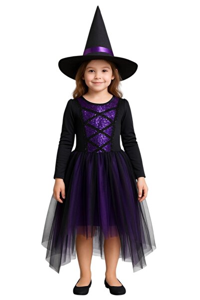 Gala Kostüm Hallowen Cadılar Bayramı Mor Cadı Kız Çocuk Kostümü