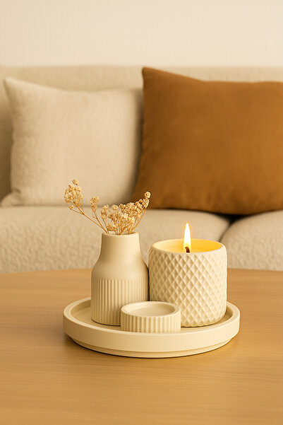 Havalı Tasarım Hasır Mum Ve Vazolu , Mumluklu Standlı Aksesuar Seti
