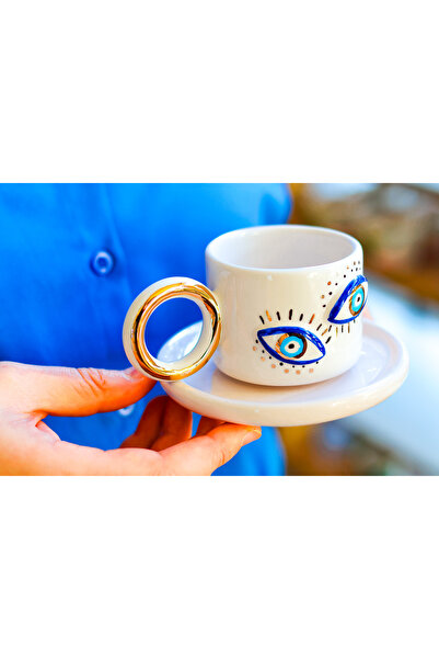 Özce Art Ceramic Atelier كوب وطبق قهوة تركي منقوش بعين مزدوجة وعين شريرة ومفص...
