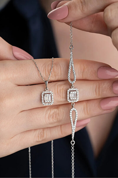 carrot silver 925 Ayar Gümüş Baget Taşlı Bileklik ve Kolye Set