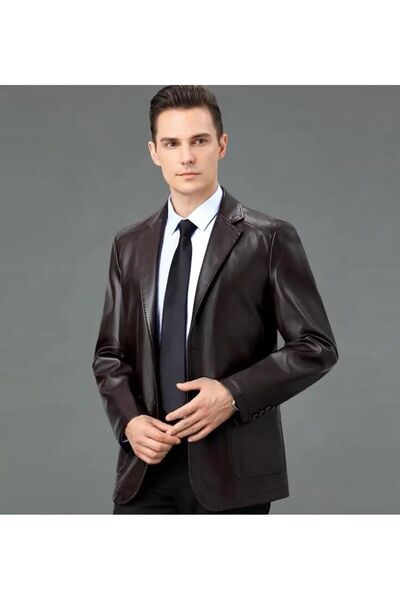 NYC GİYİM TEKSTİL Hakiki deri ince kesit blazer klasik ceket