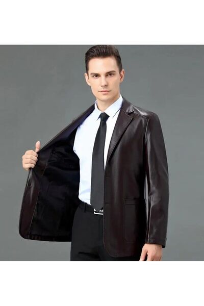 NYC GİYİM TEKSTİL Hakiki deri ince kesit blazer klasik ceket