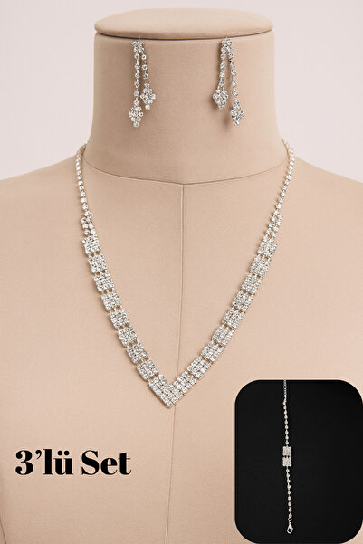 LUPHİRA Tasarım Desenli 3 Sıralı Kolye Küpe Bileklik Seti Düğün Nişan Davet