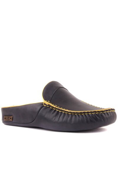 SailLakers - Σκούρο μπλε δερμάτινες ανδρικές παντόφλες σπιτιού 110-547-X