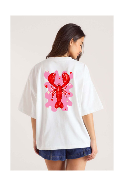 Tubinyoo Heart and Lobster Patterned Oversized T-Shirt with Back and Chest Pr...