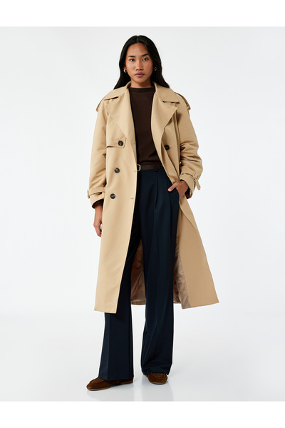 Koton Kruvaze Uzun Kollu Cepli Düğmeli Kemerli Gabardin Trençkot