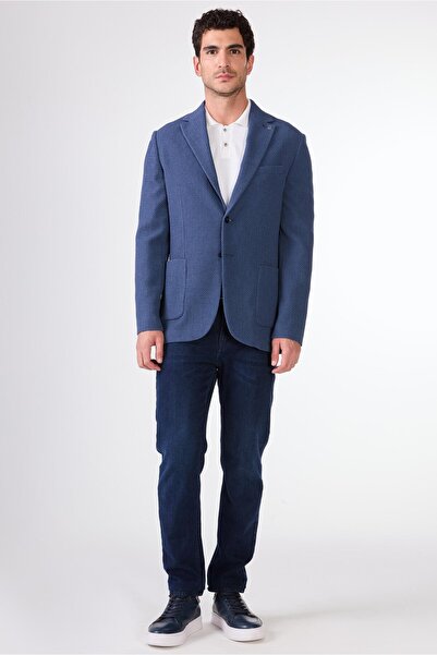 Dufy Mavi Erkek Slim Fit Desenli Mono Yaka Ceket