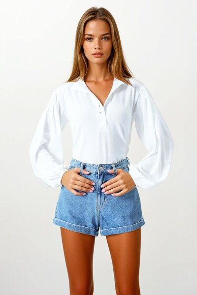 VAGGON Women's White Judge Collar Buttoned Front Balloon Sleeve Textured Shirt Blouse Prm0723