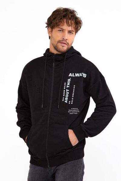 BREEZY Rule Gofre Baskılı Fermuarlı Siyah Sweatshırt, Zip Hoodie
