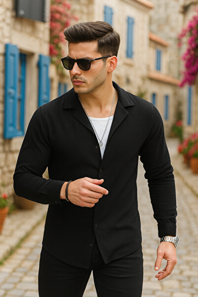 Pobudo Siyah Renk Keten Görünümlü Spor Gömlek