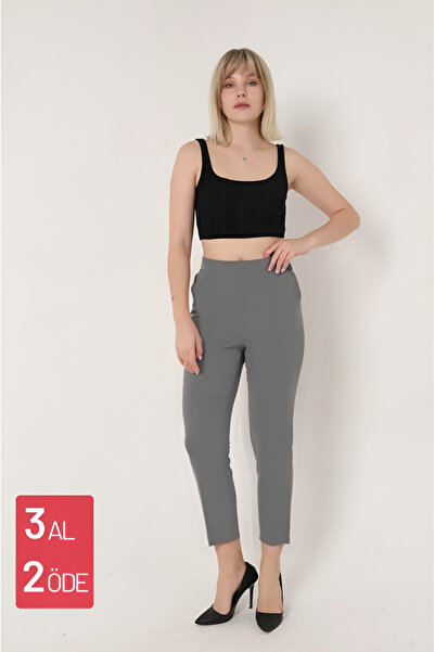 Mogi Butik 3001 Gri Havuç Paça Yüksek Bel Dokuma Kadın Pantolon