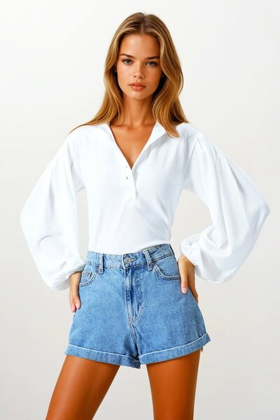 VAGGON Women's White Judge Collar Buttoned Front Balloon Sleeve Textured Shirt Blouse Prm0723