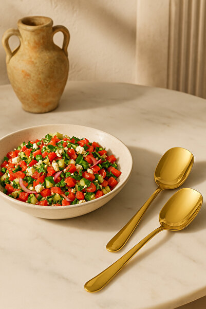 Anadolu Saray Stainless Gold Steel Practical 2 Pcs Luxury Serving Spoon - Salad and Dinner Set 21cm