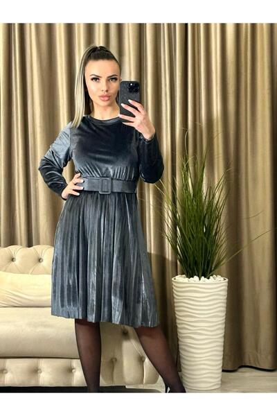 Intisimo Velvet Dress, Midi, Pleated, Waist Belt, Gray