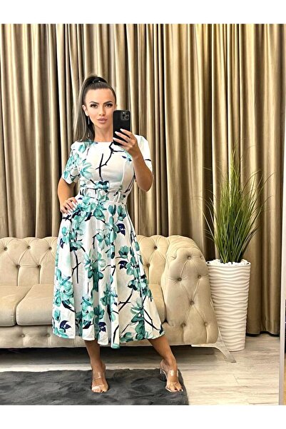 Intisimo Rochie de damă, lungime trei sferturi, model floral, curea, alb/turcoaz
