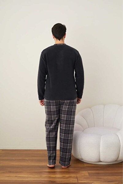 Intisimo Men's Winter Pajamas, Pockets, Polar Material, Quality Product, Checkered, Black/Grey - XL