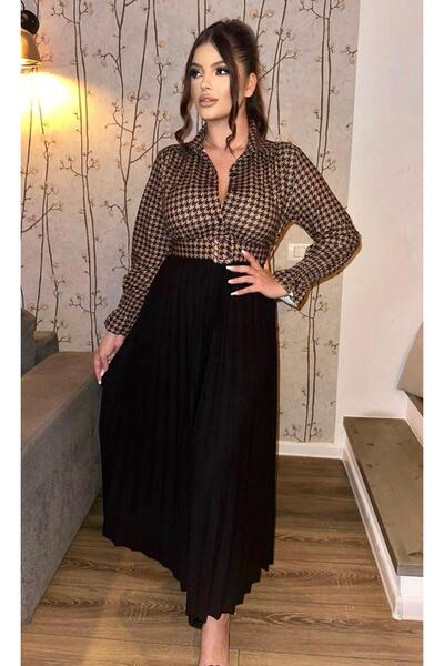 Intisimo Rochie lungă, plisată, curea în talie, bej/negru