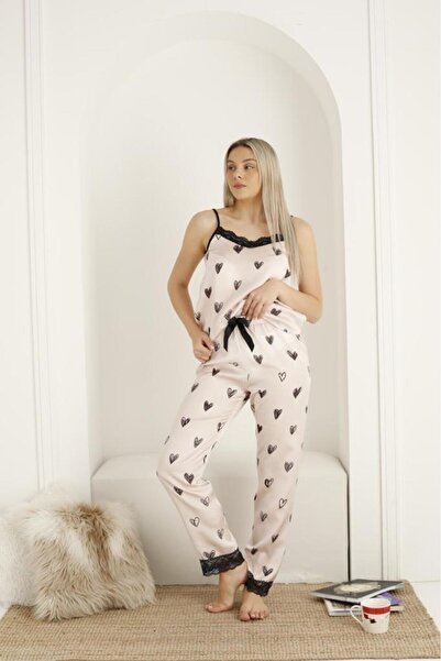 Intisimo Pijamale din satin, maiou, pantaloni lungi, inimioare, roz/negru, M-...