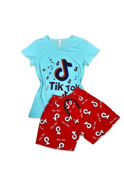 Intisimo Γυναικεία Πιτζάμα, Μπλουζάκι, Σορτς, Tik Tok, Πράσινο/Κόκκινο - L