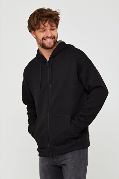 BREEZY Ottoman / Choman Kapüşonlu Fermuarlı Siyah Sweatshirt, Zip Hoodie