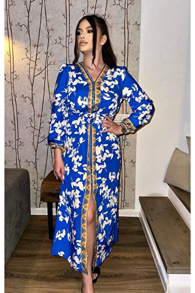 Intisimo Rochie de damă, lungă, talie cu șnur, crăpătură, albastră/albă