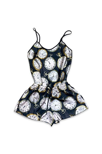 Intisimo Women's Pajamas, Satin, 2 Pieces, Clock, Black