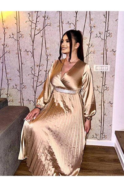 Intisimo Satin Dress, Pleated, Luxury, Drawstring Waist with Crystals, Gold