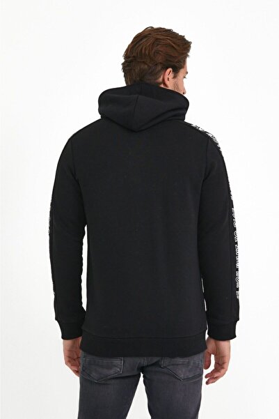 BREEZY Kol Şerit Baskılı Fermuarlı Siyah Kapüşonlu Sweatshirt , Zip Hoodie