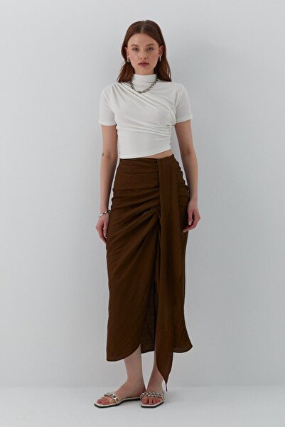 MARKALİSTE Slit Front Gathered Skirt Brown