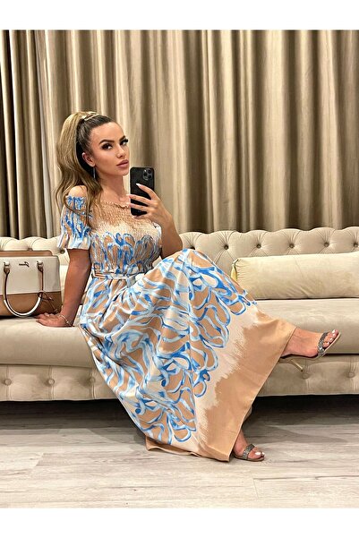 Intisimo Rochie de damă, lungă, talie cu șnur, bej/albastru