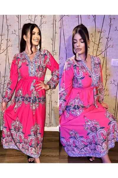 Intisimo Rochie de damă, lungă, cu șnur în talie, motive orientale, roz aprins