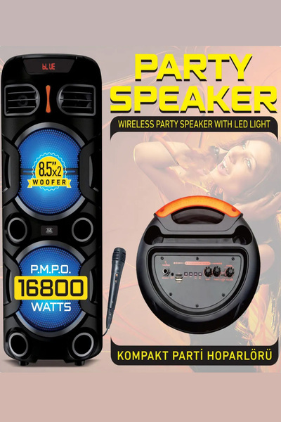 EXENAR Büyük Boy Bluetooth Hoparlör PMP0 16800W Speaker 8.5X2 WOOFER Mikrofonlu Parti Boy Hoparlör 1800 mAh
