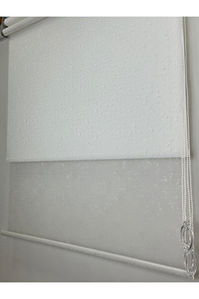 Binbirperde Çift Mekanizmalı Kareli Desen Beyaz Tül Beyaz Stor Aluminyum Sist...