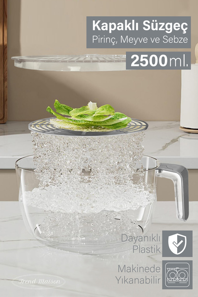 Trend Maison Polycarbonate Unbreakable Vegetable Fruit Rice Strainer with Transparent Lid - Gray