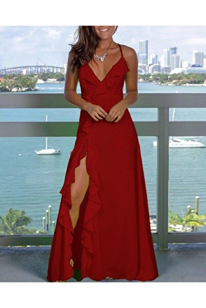 trend_ermege فستان نسائي من الكريب بحزام حبل وفتحة منخفضة