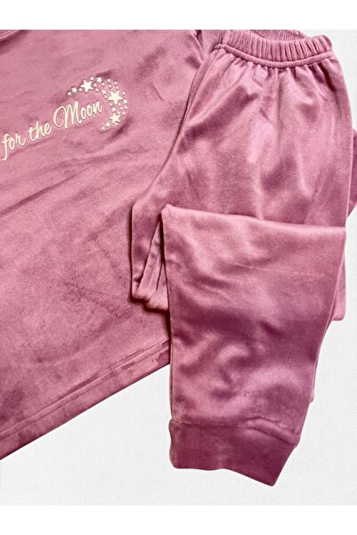 Fil Kids Anne-Kız Çocuk Pijama Takımı Kışlık Pamuklu Kadife Kumaş Lila Renk Ay Yıldız Desenli