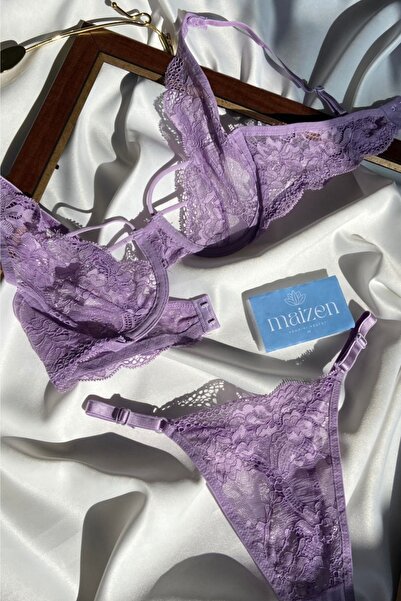MAİZEN Σετ σουτιέν Bralette με λιλά δαντέλα με λεπτομέρεια με κορδόνι