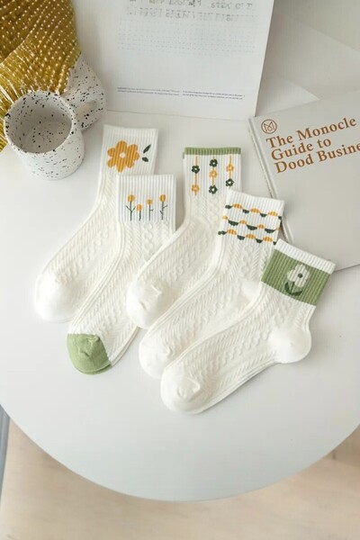 Hitit Socks Дамски 5 чифта чорапи с флорални мотиви в зелено, с високо качество