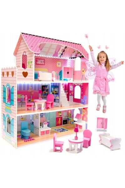 indiggo Indiggo® Wooden Dollhouse with LED, 3 Levels, 5 Rooms, Furniture and Terrace, 70cm