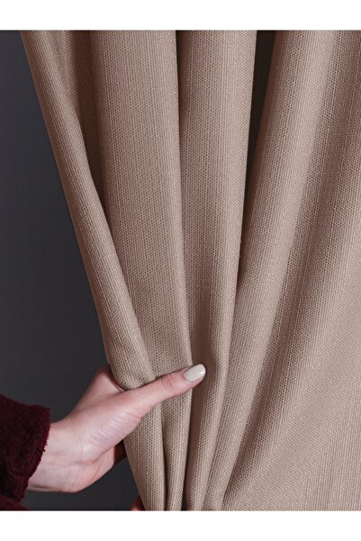 FAVOLLİ Bej Renk Pileli Keten Dokulu Fon Perde