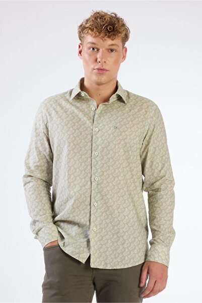 Dufy Yeşil Erkek Slim Fit Çiçek Desenli Klasik Yaka Uzun Kol Gömlek