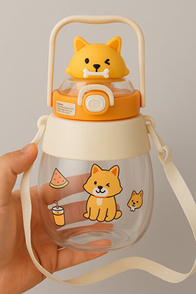 suluk plastik Sevimli Figür Kapaklı Çocuk Suluk - Askılıklı Kilitli Şeffaf Su...